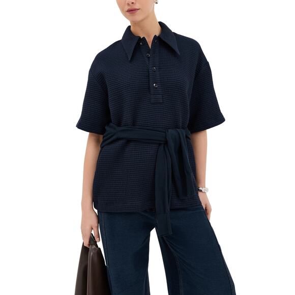 Tibi 'Quilted' Blue Cotton Waffle Polo Tunic Top Size XXS - Picture 1 of 5